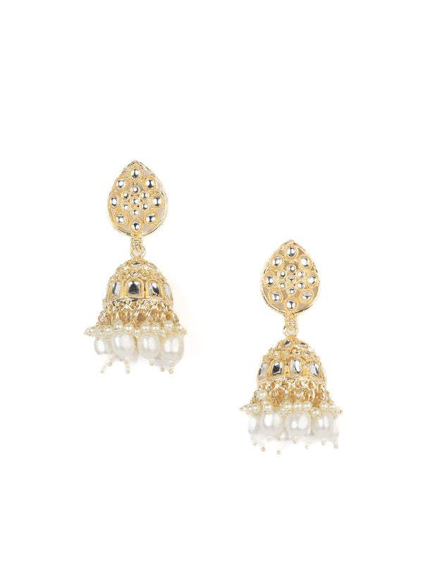 Pearl Jhumka gold earrings with white pearl drops, by Luxani