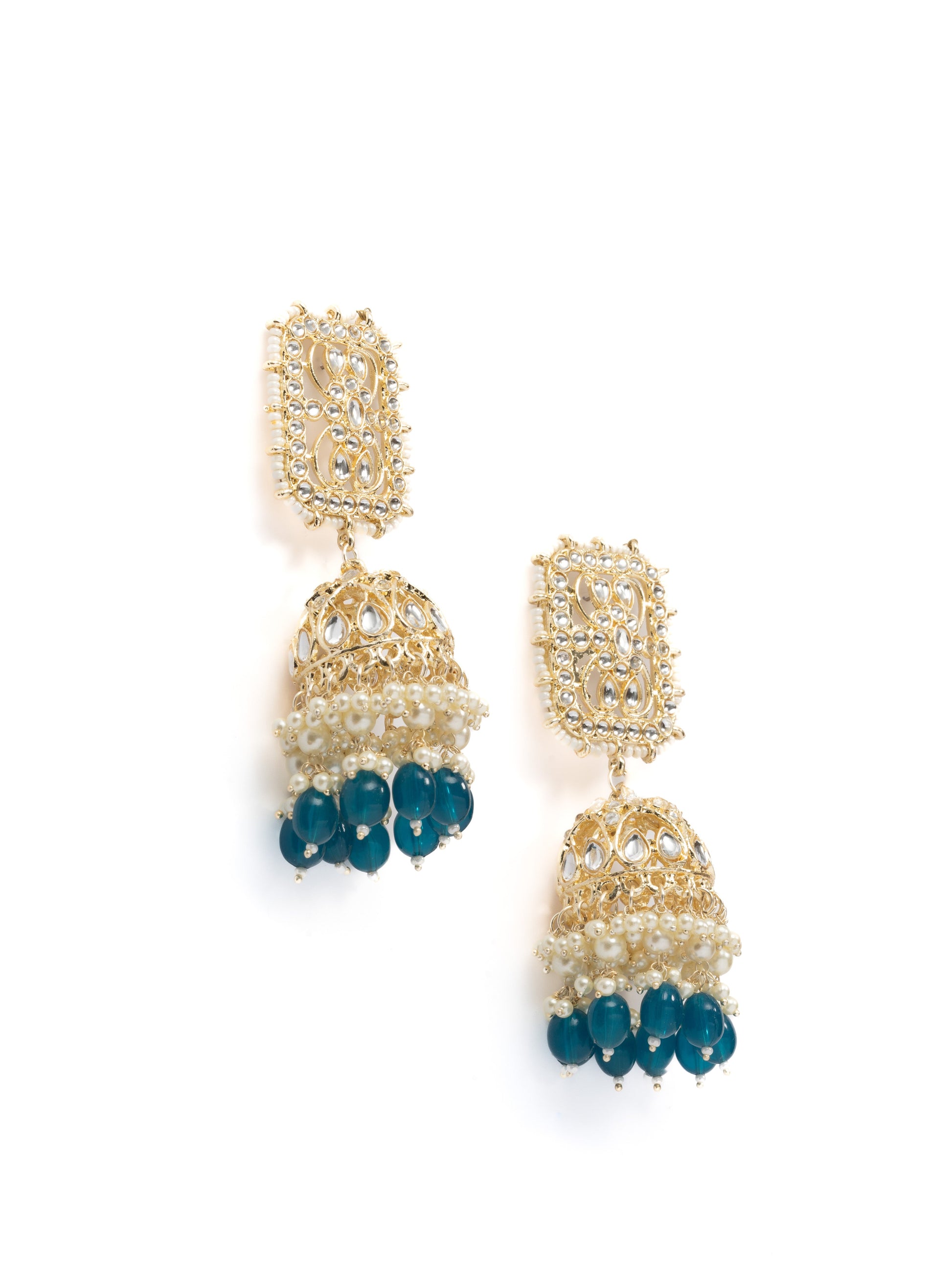 Pearl Lattice square gold filigree jhumka earrings with white pearl drops, by Luxani