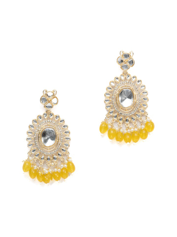 Saffron Crescent kundan chandbali earrings with warm saffron yellow bead drops, by Luxani