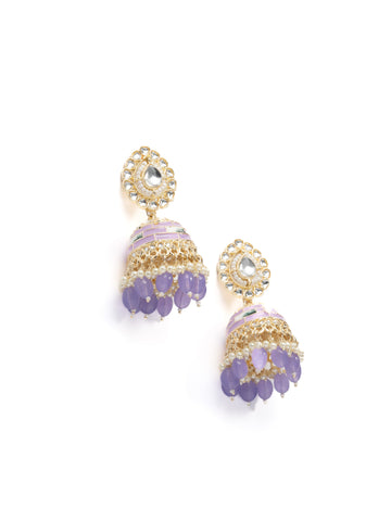 Lavender Jhumka gold earrings with soft lavender bead drops, by Luxani