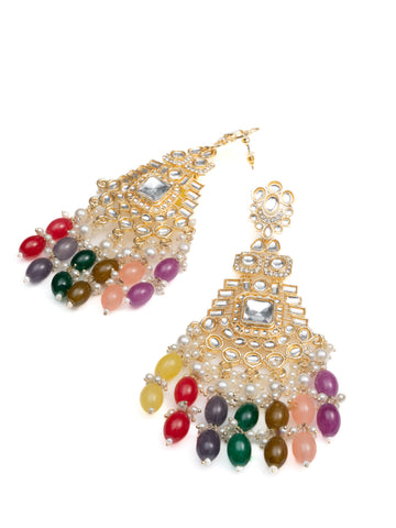 Rainbow Cascade tiered gold earrings with multi-colour bead drops, by Luxani
