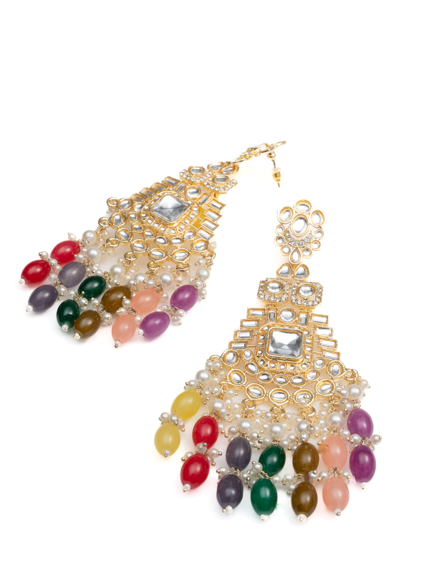 Rainbow Cascade tiered gold earrings with multi-colour bead drops, by Luxani