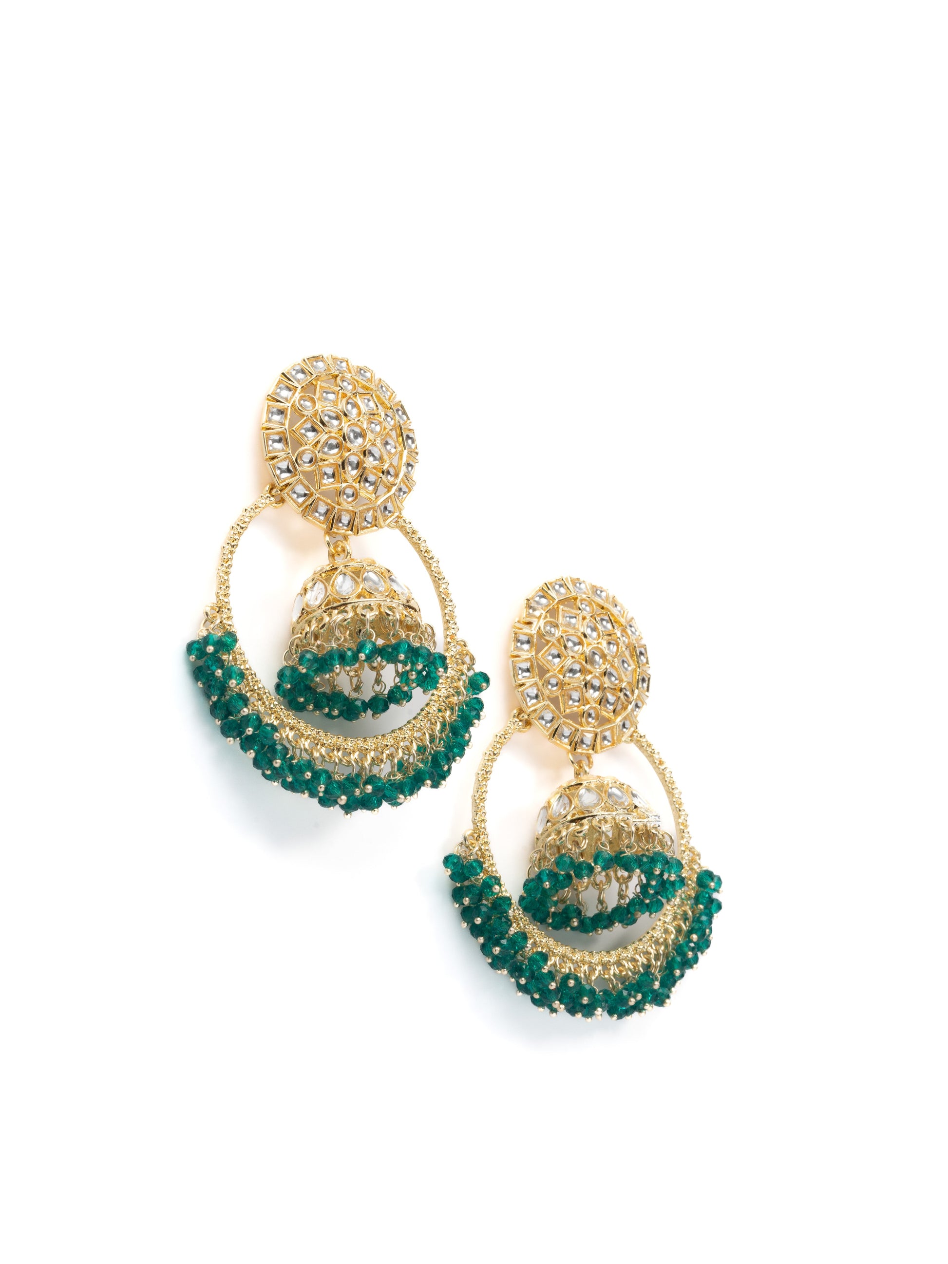Teal Bali gold hoop with jhumka earrings and teal bead drops, by Luxani