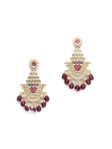 Maroon Mughal arched mughal-style earrings with red meena and maroon bead drops, by Luxani