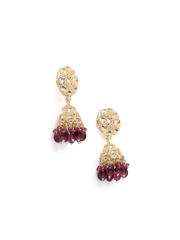 Maroon Jhumka gold earrings with deep maroon bead drops, by Luxani
