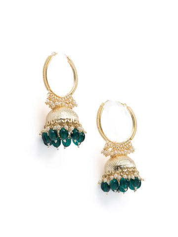 Emerald Hoop gold hoop and jhumka earrings with emerald green bead drops, by Luxani