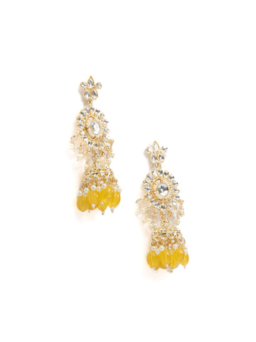 Sunshine Pearls gold chandelier earrings with pearl clusters and yellow bead drops, by Luxani
