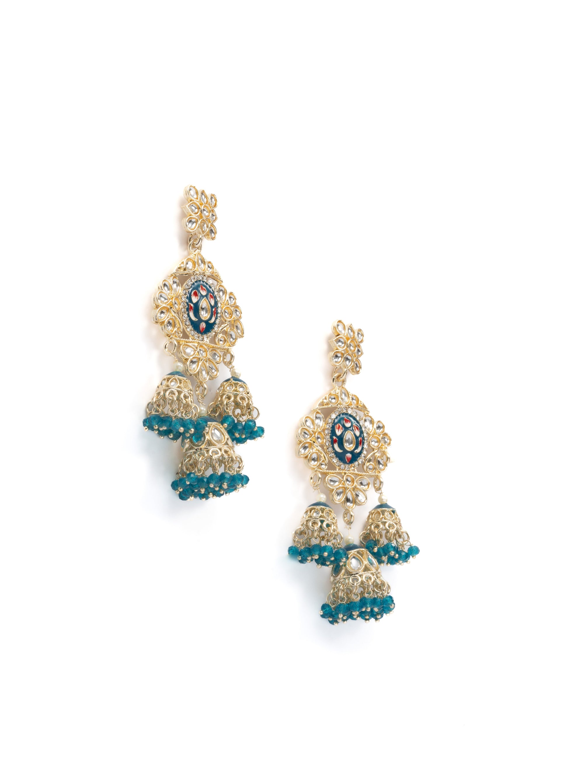 Sapphire Tier triple-tier jhumka earrings with blue meena and teal bead clusters, by Luxani
