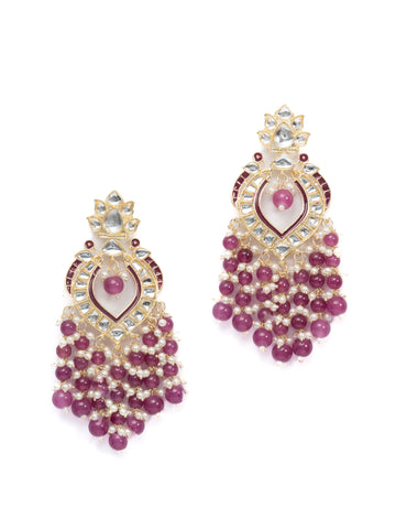 Pink Cascade tall multi-tier gold earrings with soft pink bead drops, by Luxani