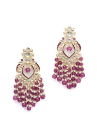 Pink Cascade tall multi-tier gold earrings with soft pink bead drops, by Luxani
