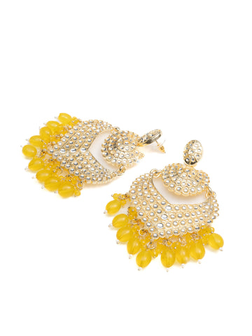 Marigold Crescent kundan chandbali earrings with marigold yellow bead drops, by Luxani