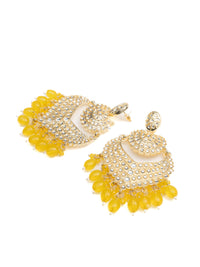 Marigold Crescent kundan chandbali earrings with marigold yellow bead drops, by Luxani