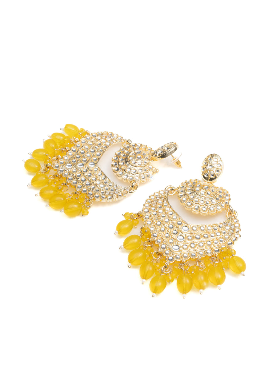 Marigold Crescent kundan chandbali earrings with marigold yellow bead drops, by Luxani