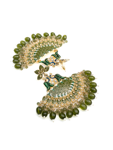 Peacock Chandbali kundan chandbali earrings with peacock motif and meena enamel work, by Luxani