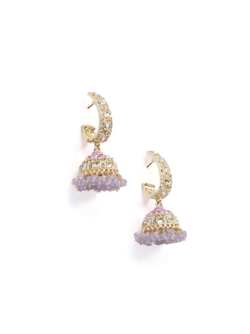 Lilac Jhumka gold earrings with lilac meena enamel and white pearl drops, by Luxani