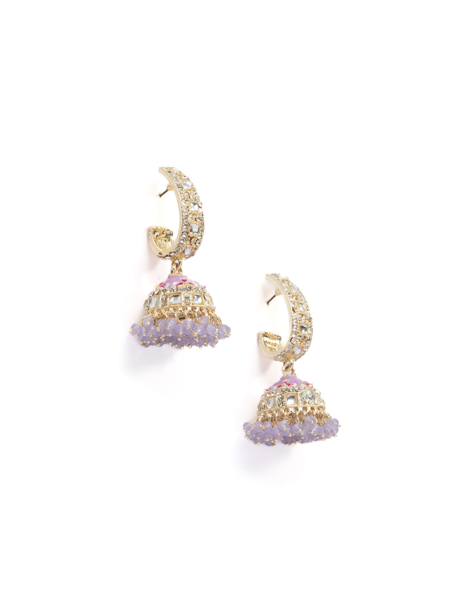 Lilac Jhumka gold earrings with lilac meena enamel and white pearl drops, by Luxani