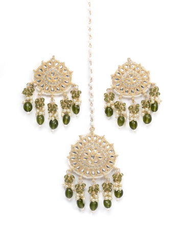 Olive Mangtika earring and mangtika set with olive green bead drops, by Luxani