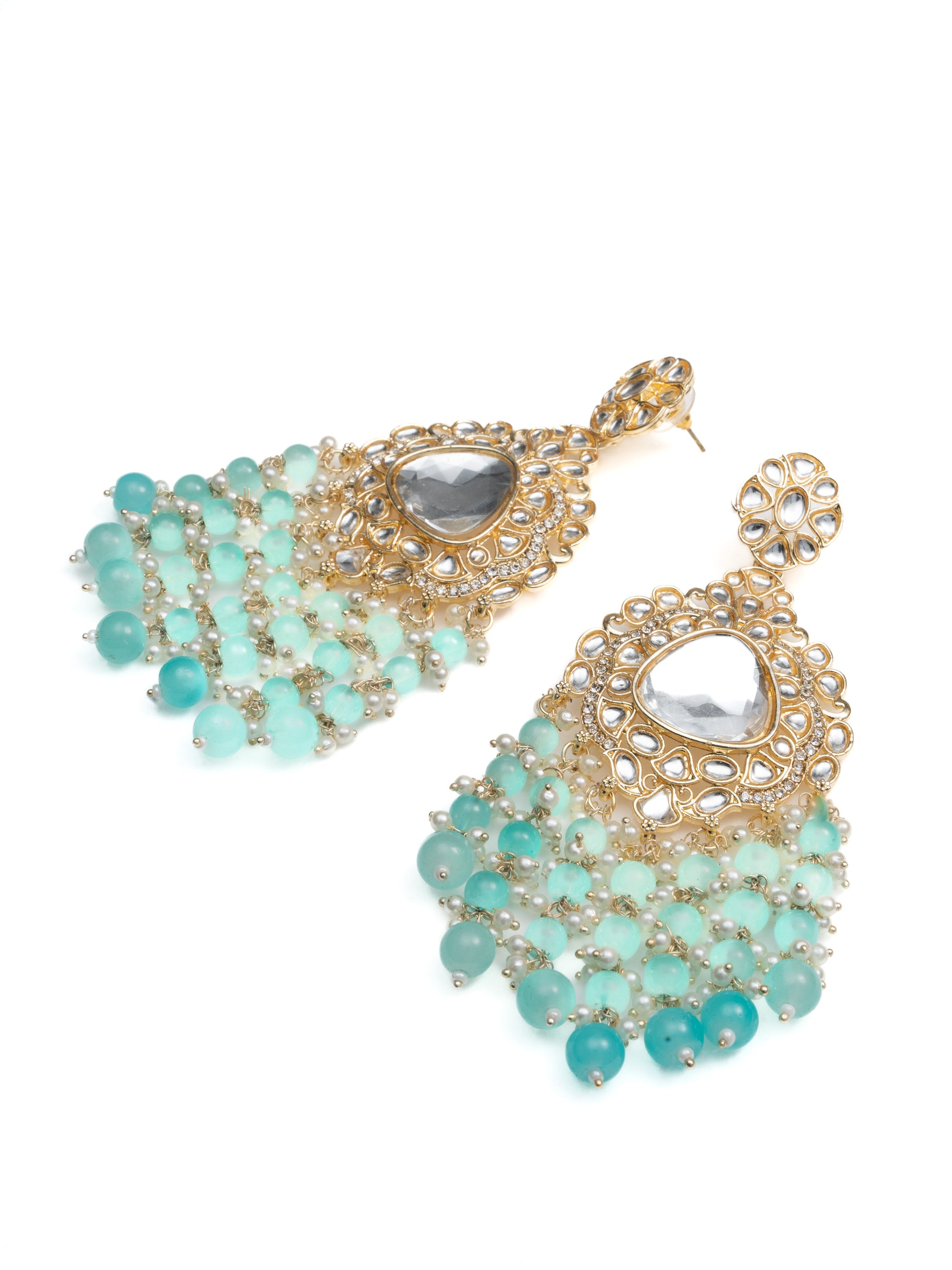 Seafoam Drops gold chandelier earrings with mint sea-green bead drops, by Luxani
