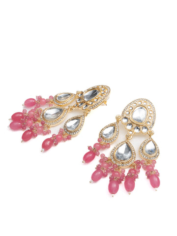 Coral Crescent kundan chandbali earrings with coral pink bead drops, by Luxani