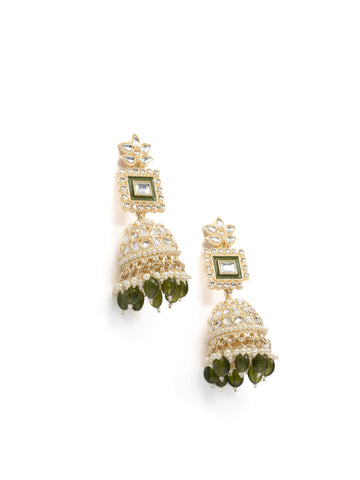 Mehendi Jhumka gold earrings with deep mehendi-green meena enamel work, by Luxani