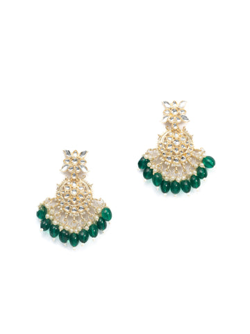 Emerald Crescent kundan chandbali earrings with deep emerald green bead drops, by Luxani