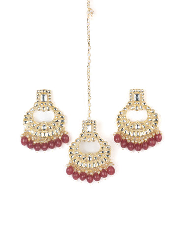 Ruby Mangtika earring and mangtika set with deep ruby red bead drops, by Luxani
