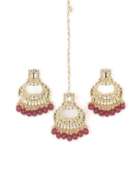 Ruby Mangtika earring and mangtika set with deep ruby red bead drops, by Luxani