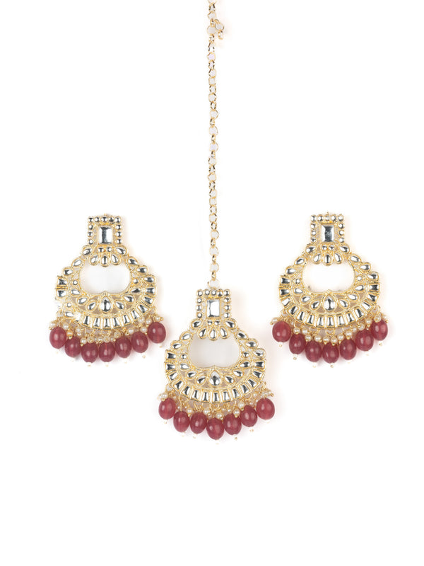 Ruby Mangtika earring and mangtika set with deep ruby red bead drops, by Luxani