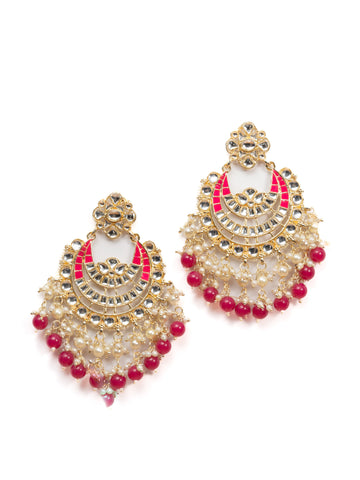 Coral Bali kundan chandbali earrings with bright coral pink bead drops, by Luxani