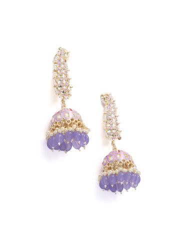 Lavender Paisley elongated kundan paisley earrings with cascading lavender bead drops, by Luxani