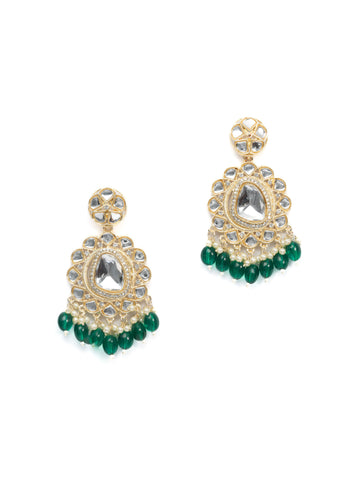 Forest Crescent kundan chandbali earrings with deep forest-green bead drops, by Luxani