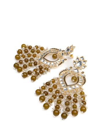 Olive Cluster gold chandelier earrings with thick olive-green bead drops, by Luxani