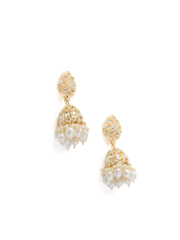 Pearl Jhumka gold earrings with white pearl drops, by Luxani