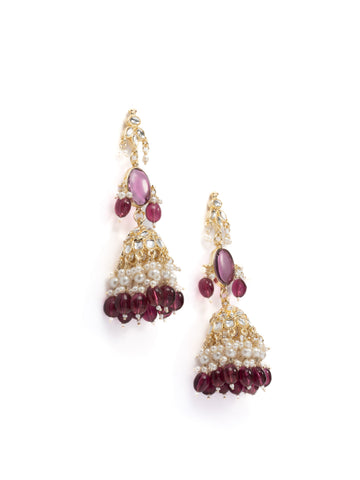 Garnet Jhumka gold earrings with deep garnet wine bead drops, by Luxani