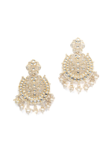 Pearl Crescent kundan chandbali earrings with white pearl drops, by Luxani
