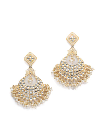 Moonlit Crescent tall kundan chandbali earrings with luminous pearl drops, by Luxani