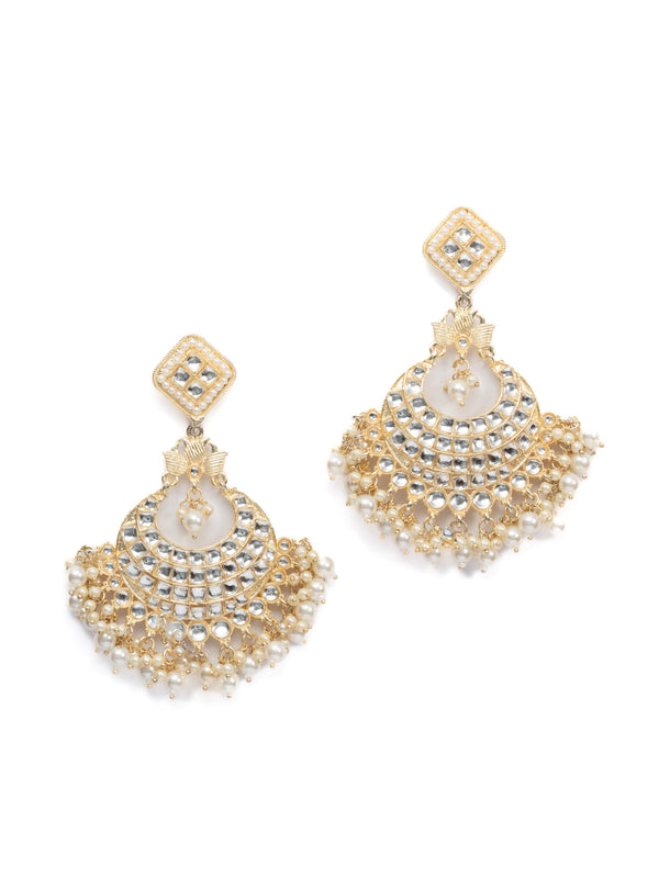 Moonlit Crescent tall kundan chandbali earrings with luminous pearl drops, by Luxani