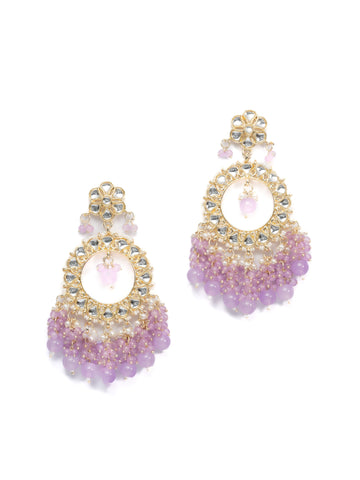 Lilac Crescent kundan chandbali earrings with soft lavender bead drops, by Luxani