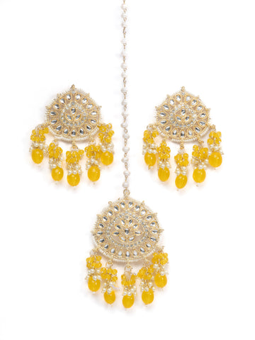 Marigold Mangtika earring and mangtika set with marigold yellow bead drops, by Luxani
