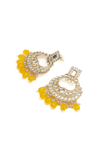 Sunshine Crescent kundan chandbali earrings with yellow bead drops, by Luxani