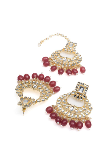 Ruby Mangtika earring and mangtika set with deep ruby red bead drops, by Luxani