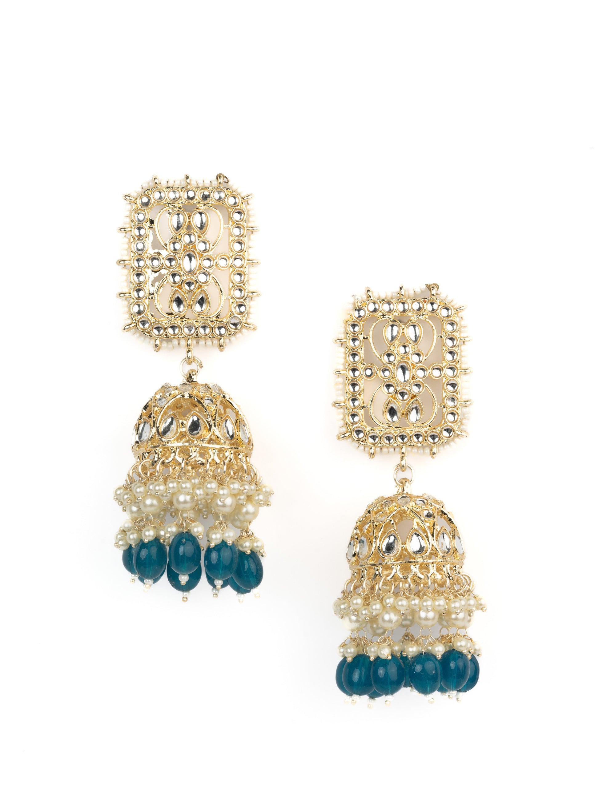 Pearl Lattice square gold filigree jhumka earrings with white pearl drops, by Luxani