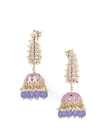 Lavender Paisley elongated kundan paisley earrings with cascading lavender bead drops, by Luxani