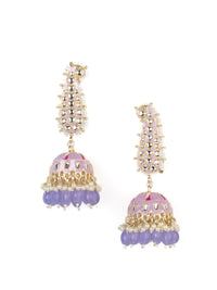 Lavender Paisley elongated kundan paisley earrings with cascading lavender bead drops, by Luxani