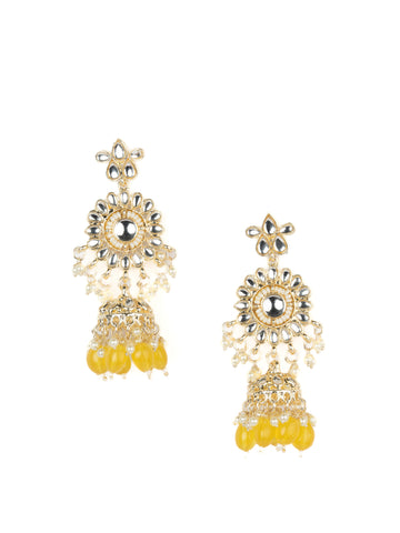 Sunshine Pearls gold chandelier earrings with pearl clusters and yellow bead drops, by Luxani