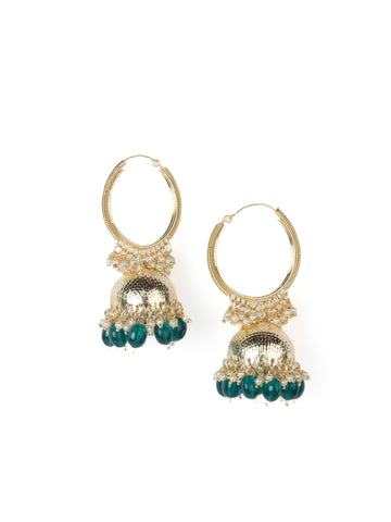 Emerald Hoop gold hoop and jhumka earrings with emerald green bead drops, by Luxani