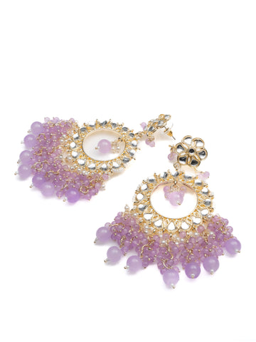 Lilac Crescent kundan chandbali earrings with soft lavender bead drops, by Luxani