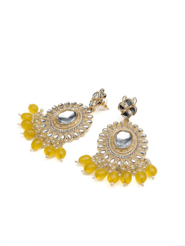 Saffron Crescent kundan chandbali earrings with warm saffron yellow bead drops, by Luxani