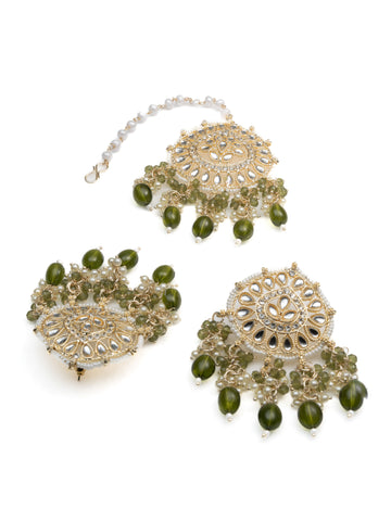 Olive Mangtika earring and mangtika set with olive green bead drops, by Luxani