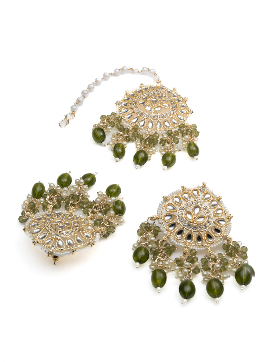 Olive Mangtika earring and mangtika set with olive green bead drops, by Luxani